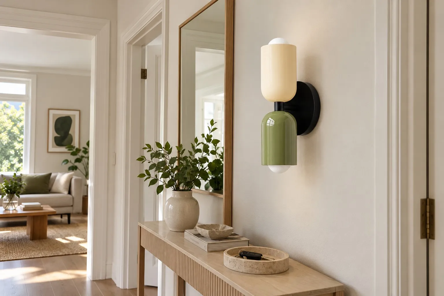 Side view of a compact hallway showing the relationship between a modern wall lamp