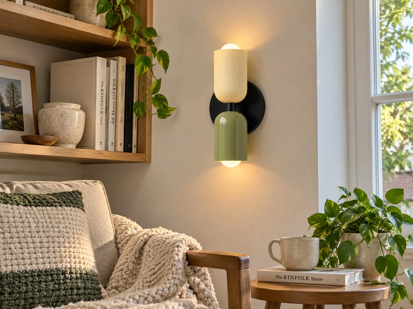 Reading corner at night with a discreet modern wall lamp