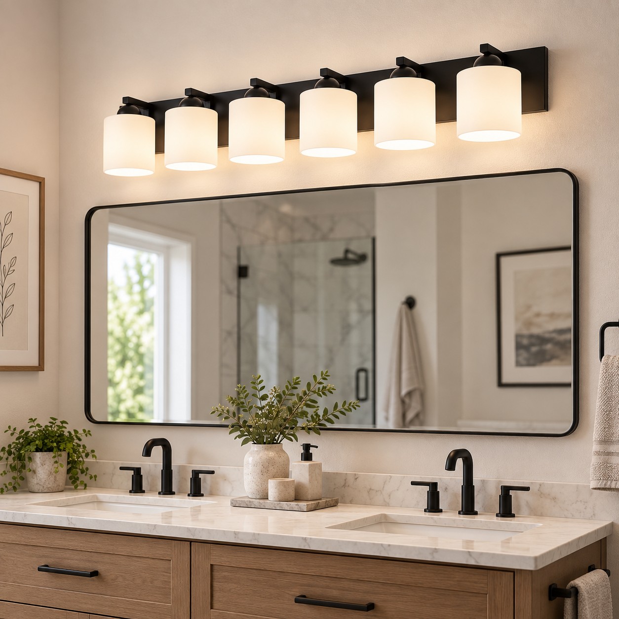 Glass Bathroom Vanity Light with cylindrical shades and a metal wall bar