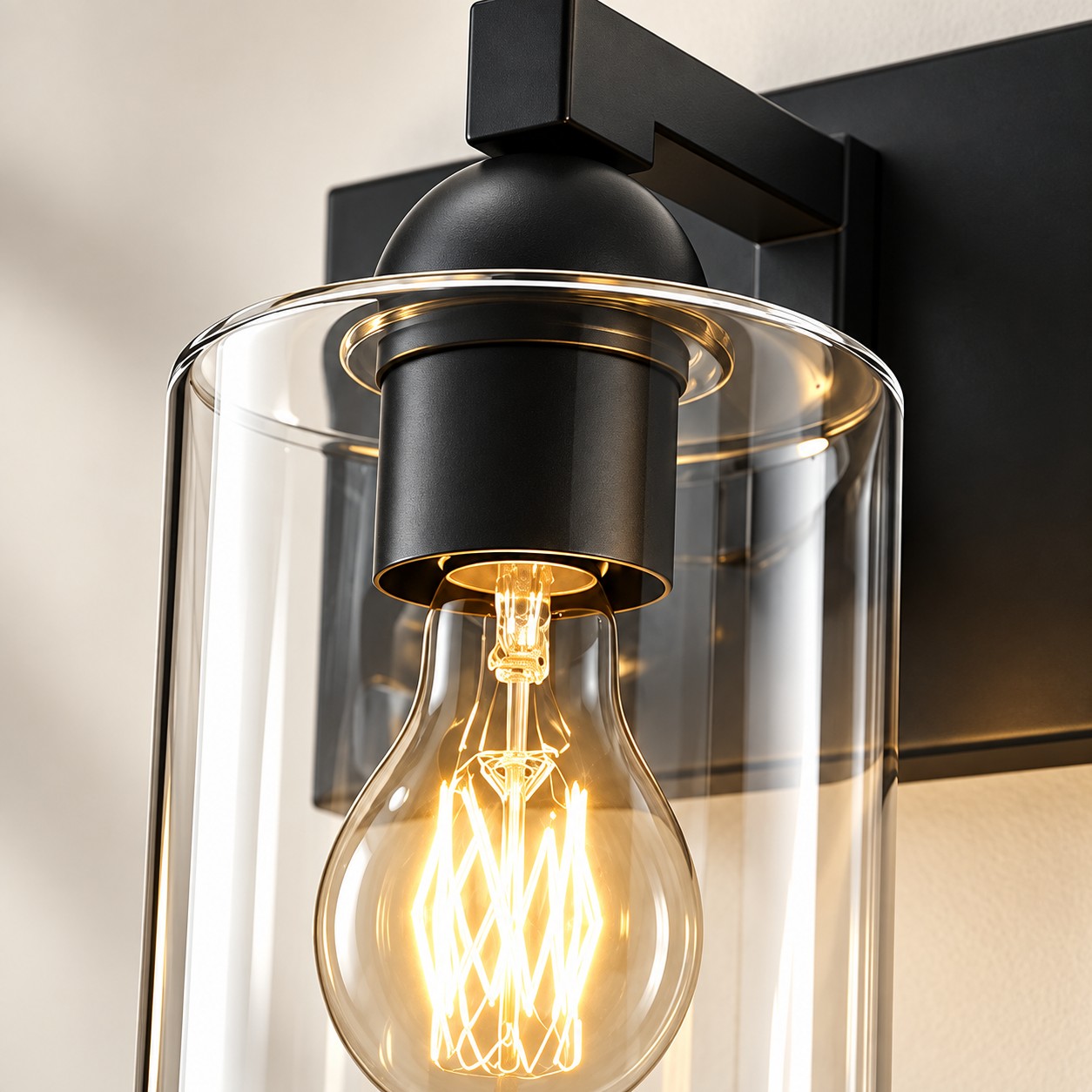 Glass Bathroom Vanity Light with cylindrical shades and a metal wall bar