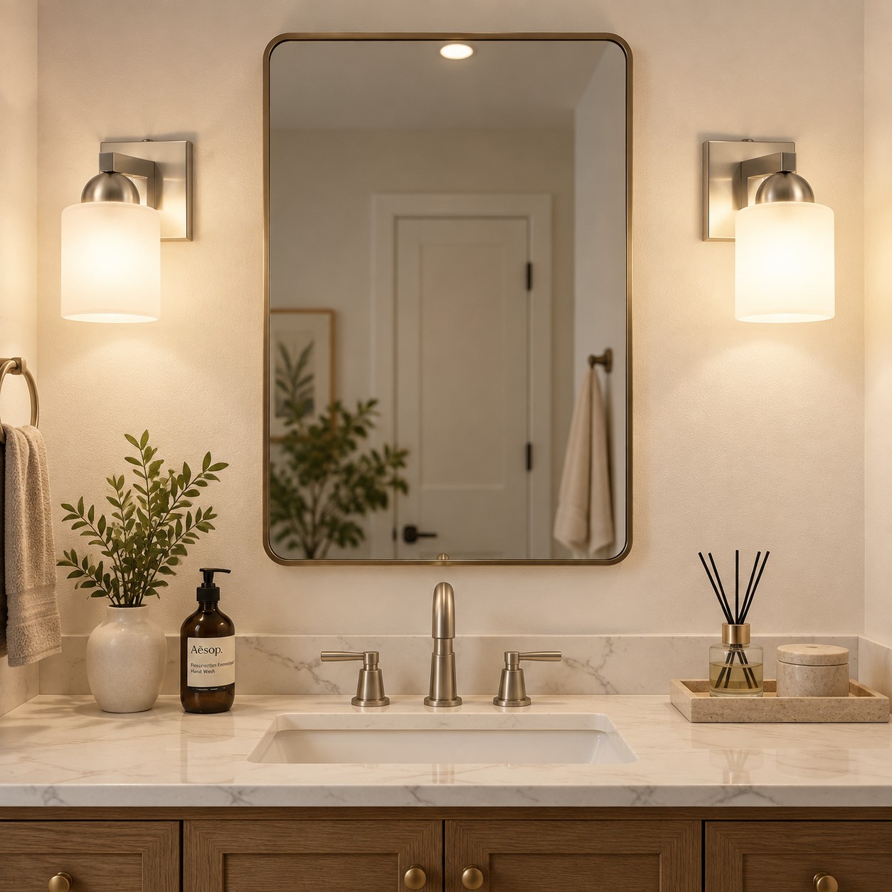 Glass Bathroom Vanity Light with cylindrical shades and a metal wall bar