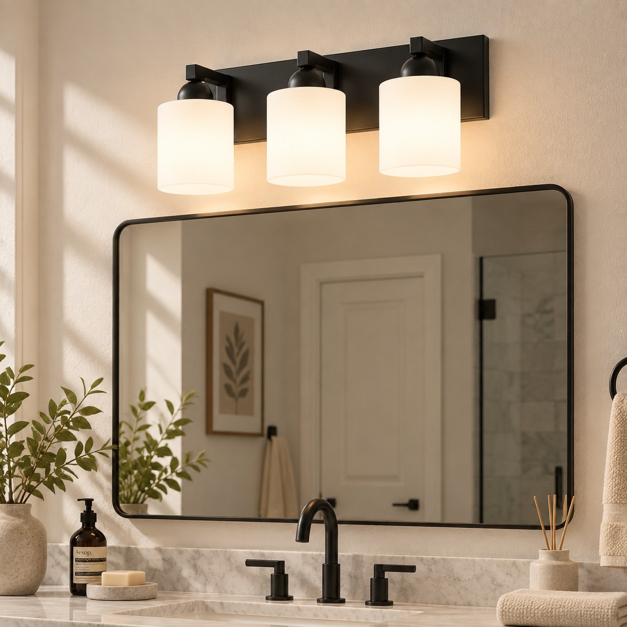 Glass Bathroom Vanity Light with cylindrical shades and a metal wall bar