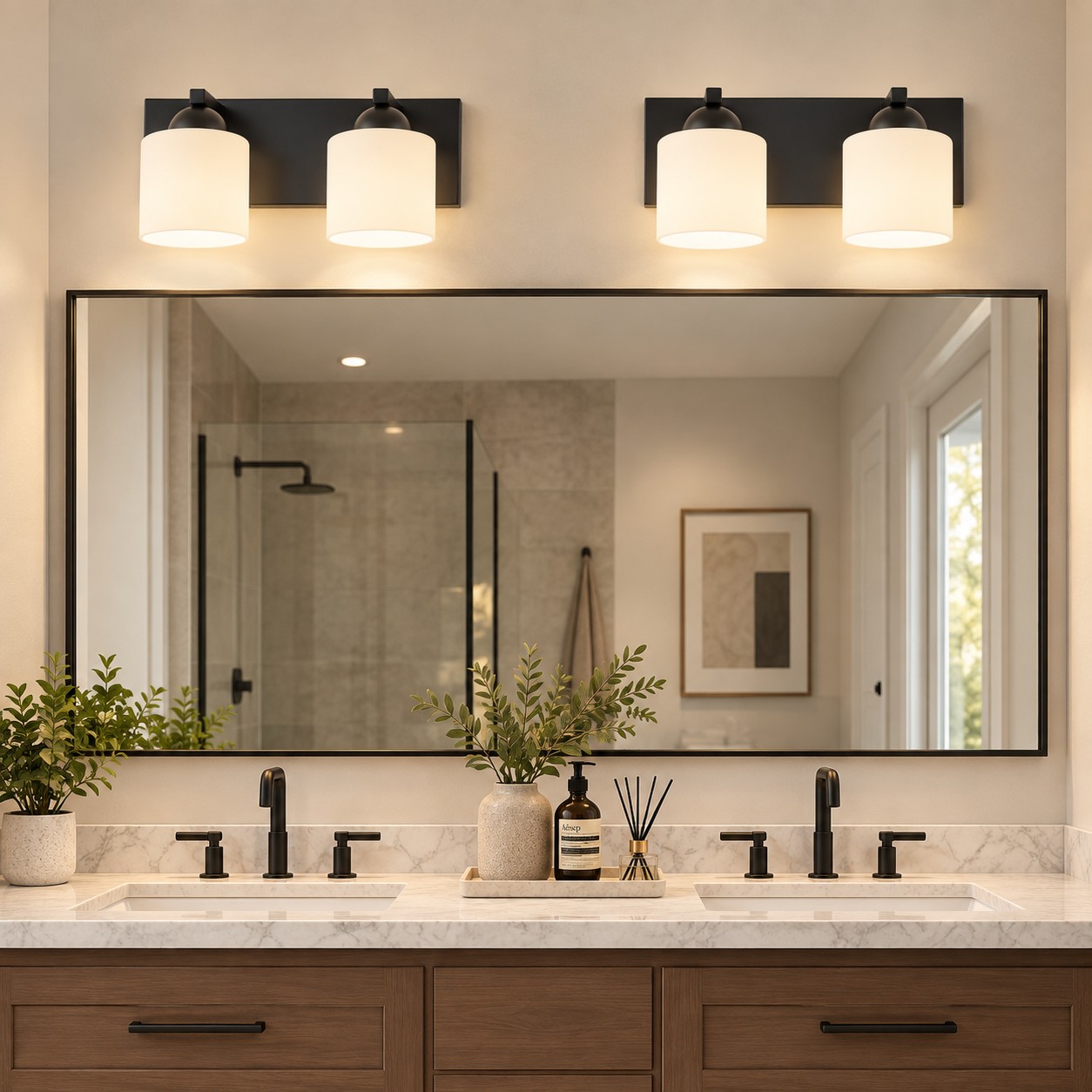 Glass Bathroom Vanity Light with cylindrical shades and a metal wall bar
