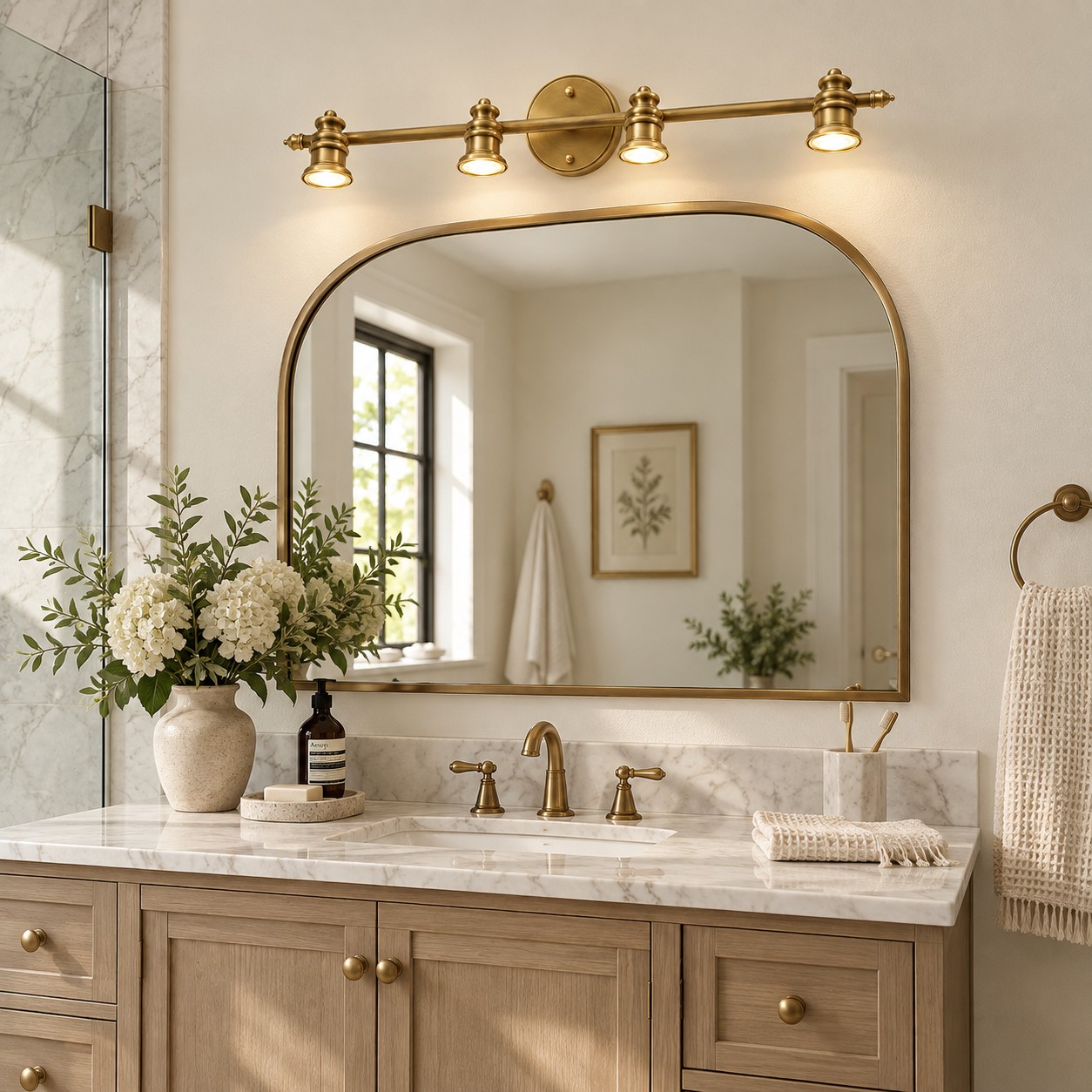 Aurelia Brass Vanity Wall Light with sculpted shades and a linear wall bar