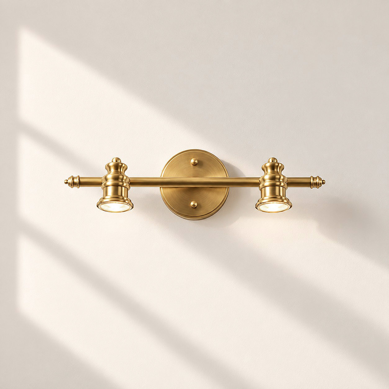 Aurelia Brass Vanity Wall Light with sculpted shades and a linear wall bar