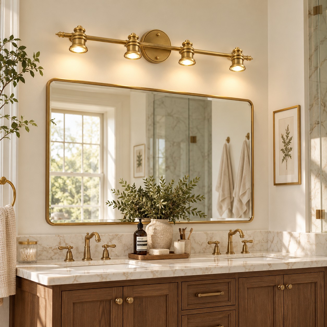 Aurelia Brass Vanity Wall Light with sculpted shades and a linear wall bar