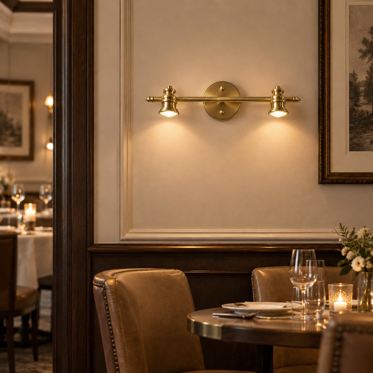 Aurelia Brass Vanity Wall Light with sculpted shades and a linear wall bar