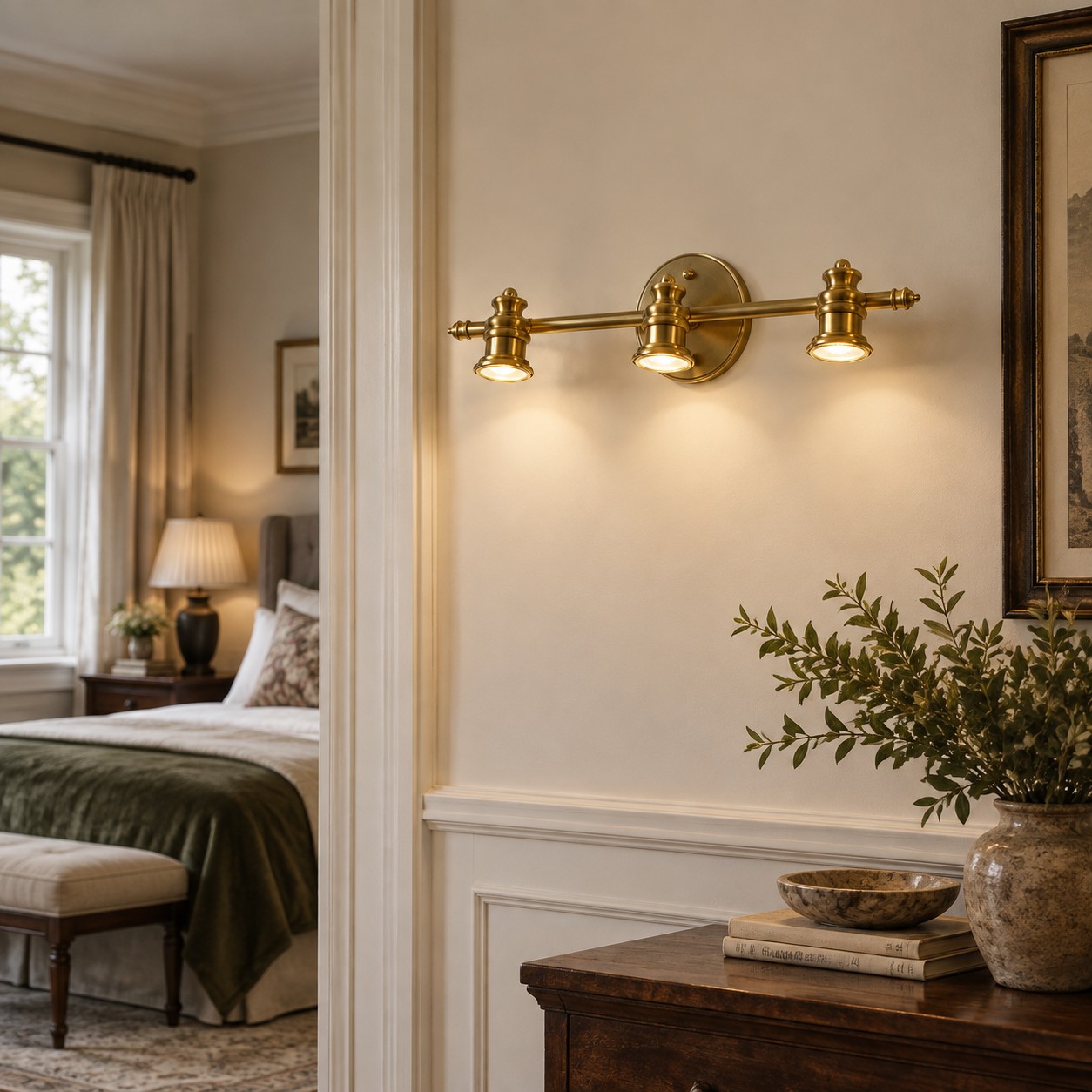 Aurelia Brass Vanity Wall Light with sculpted shades and a linear wall bar