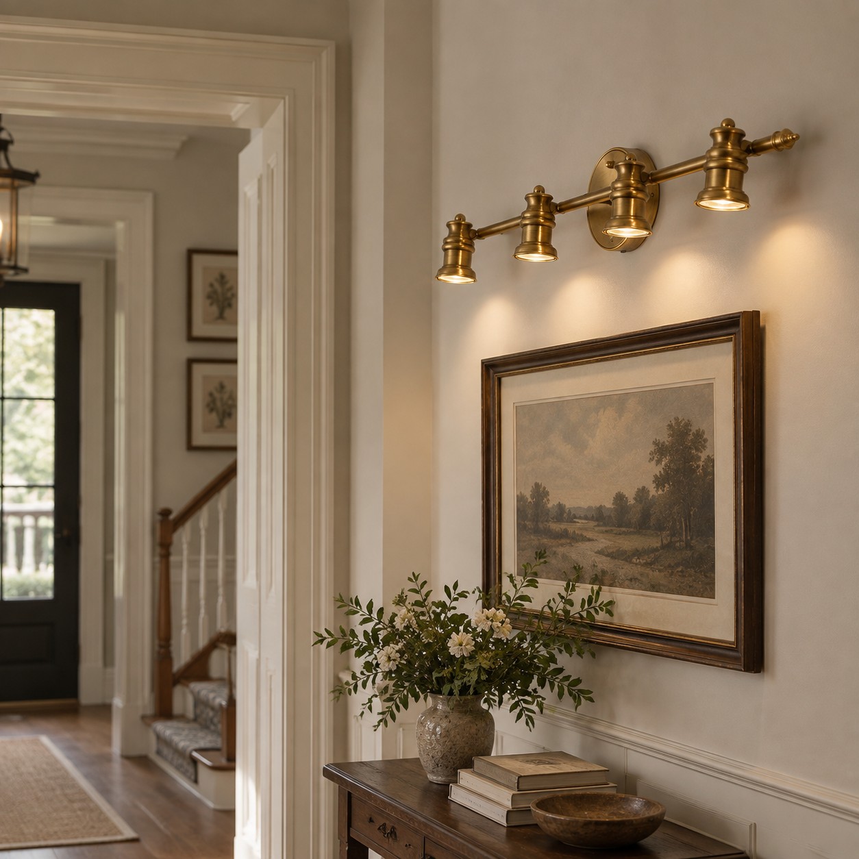 Aurelia Brass Vanity Wall Light with sculpted shades and a linear wall bar