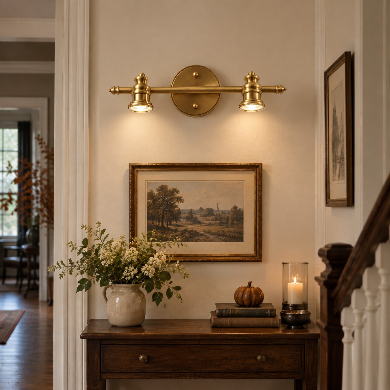 Aurelia Brass Vanity Wall Light with sculpted shades and a linear wall bar