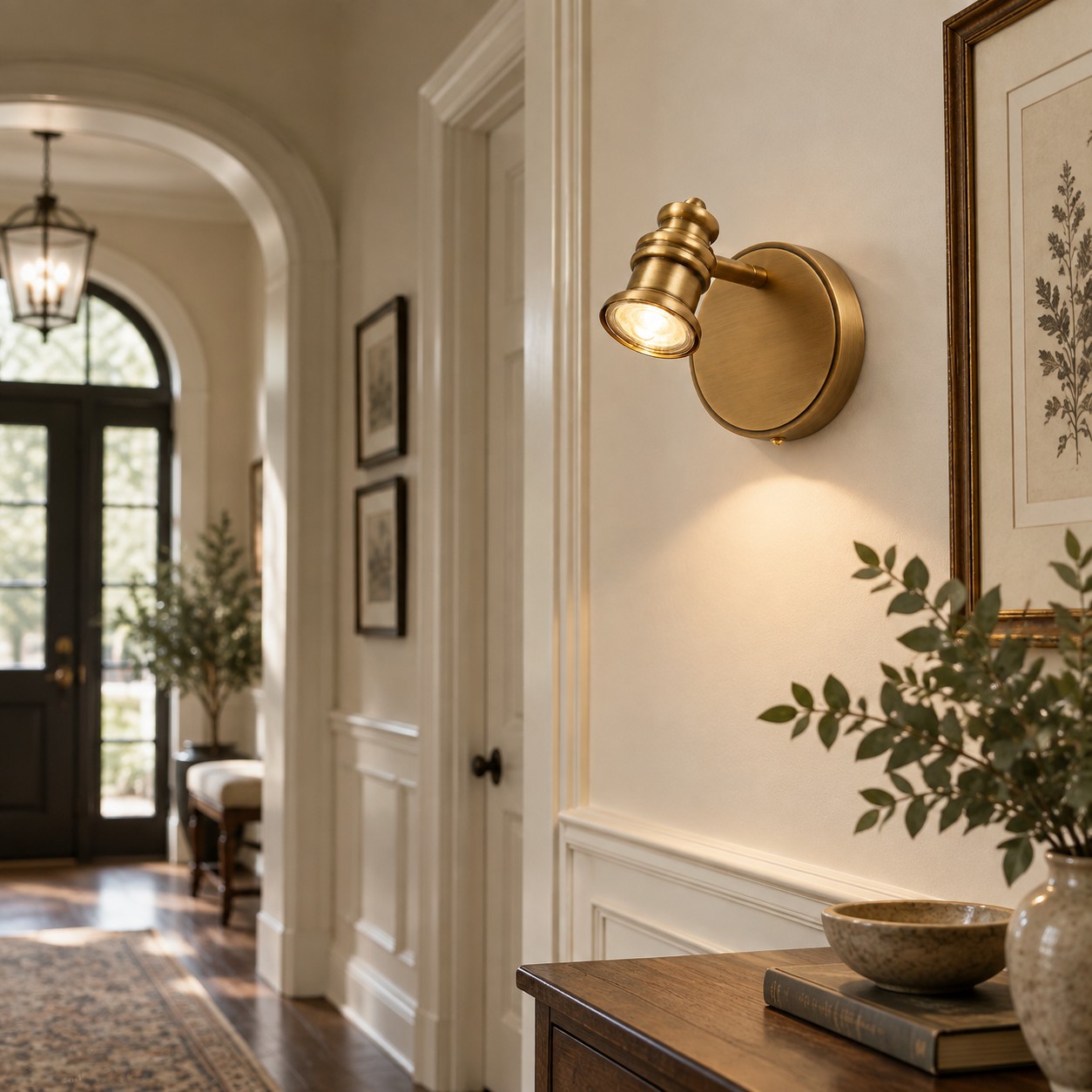 Aurelia Brass Vanity Wall Light with sculpted shades and a linear wall bar