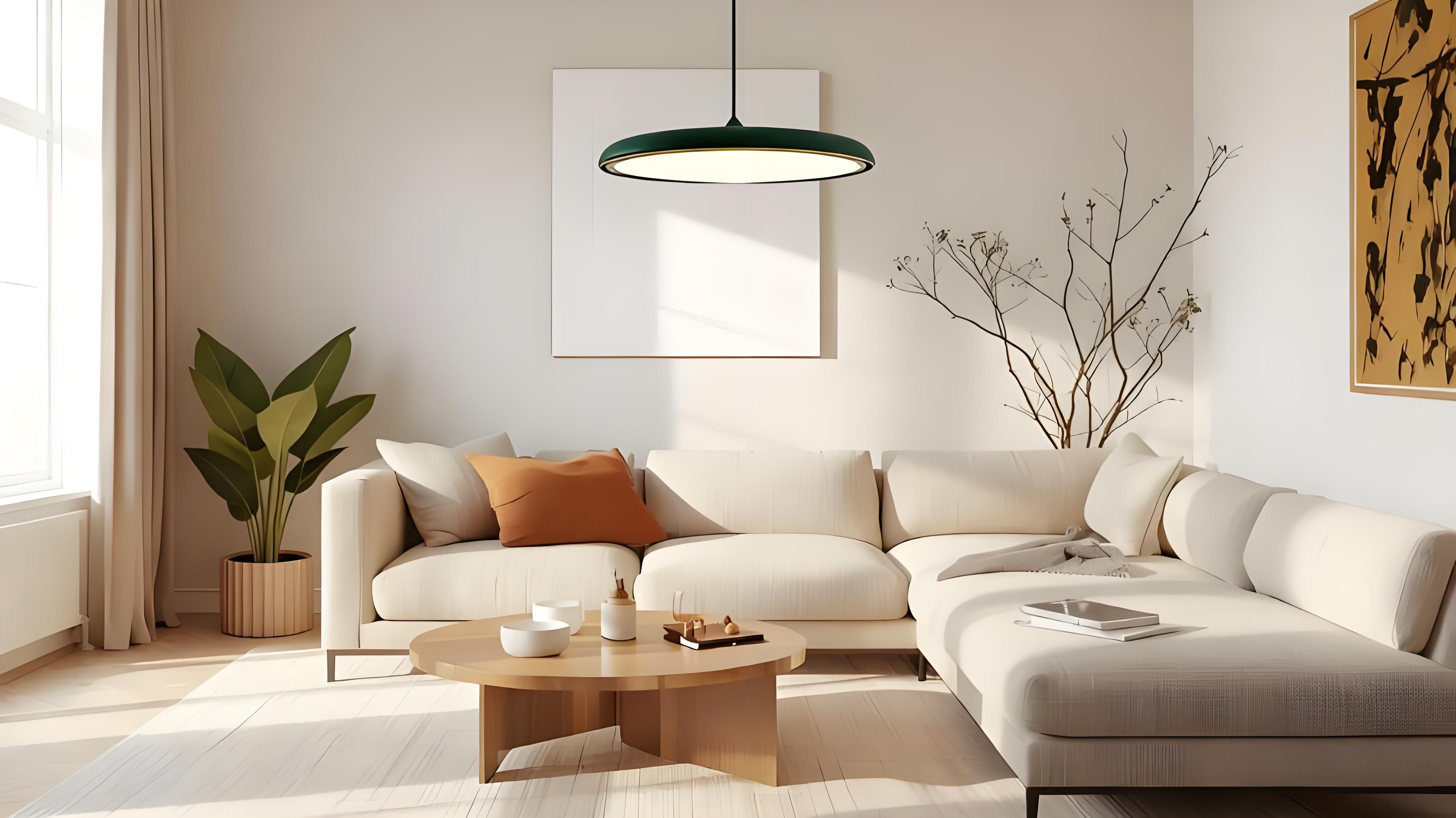 Metalen platte hanglamp in een woonkamer