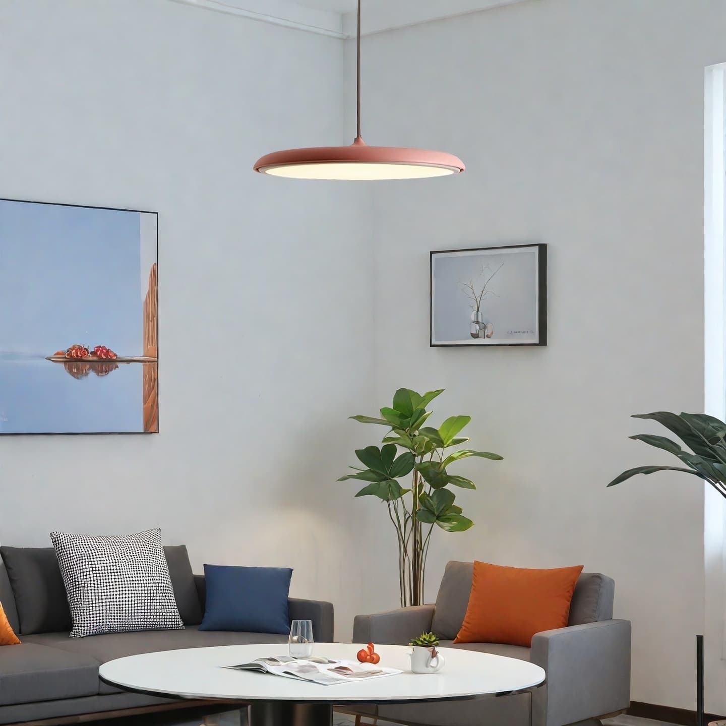 Oranje platte hanglamp bij bank