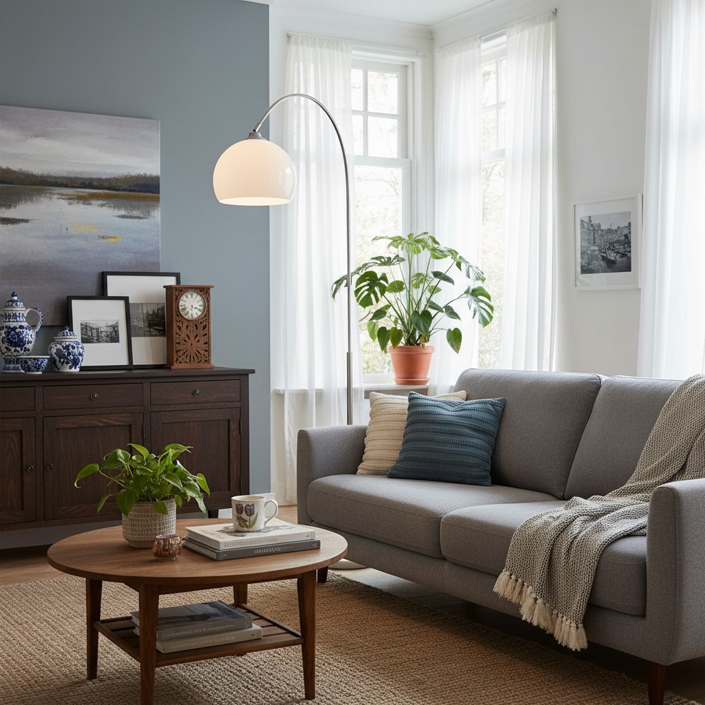 Arc vloerlamp in woonkamer