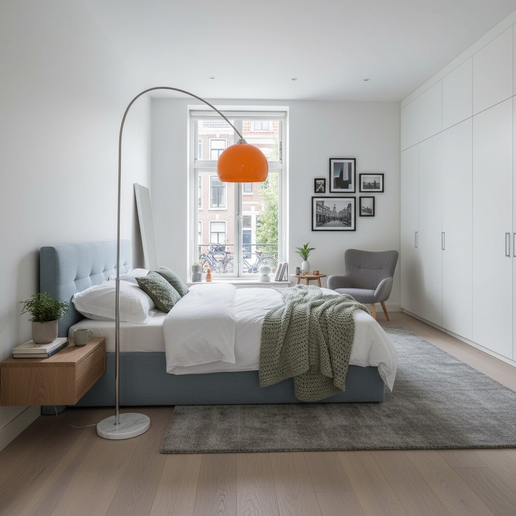 Arc vloerlamp in lichte slaapkamer