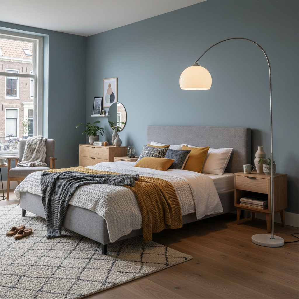 Arc vloerlamp in slaapkamer