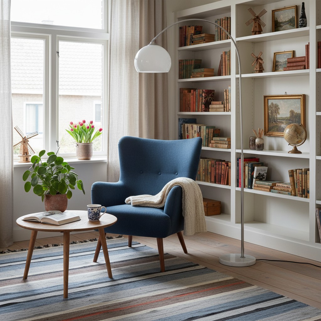Arc vloerlamp naast fauteuil