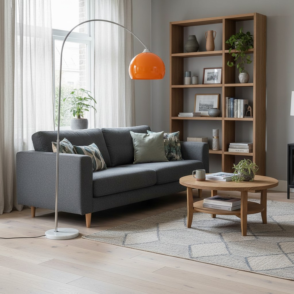 Arc vloerlamp bij bank
