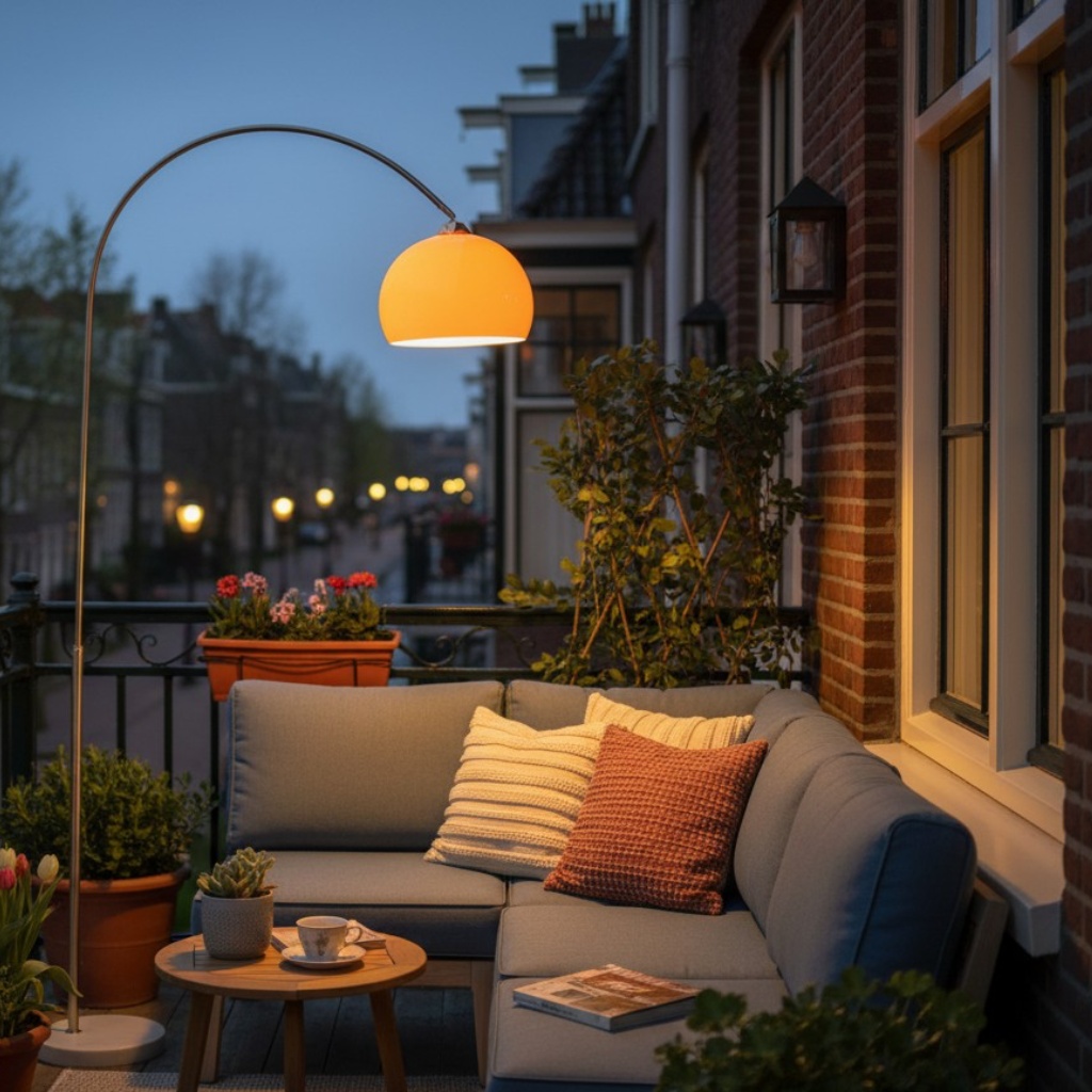 Arc vloerlamp op balkon