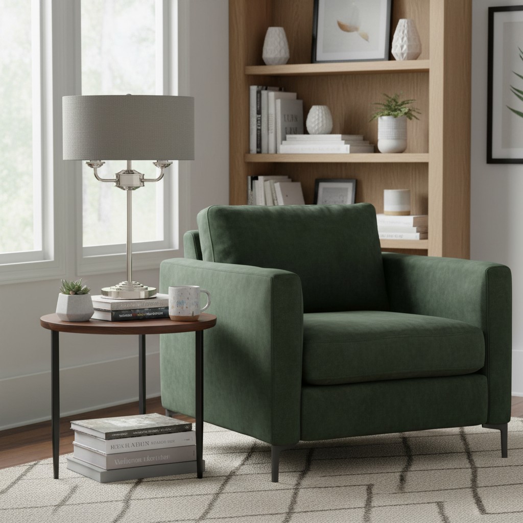 Tela tafellamp naast groene fauteuil