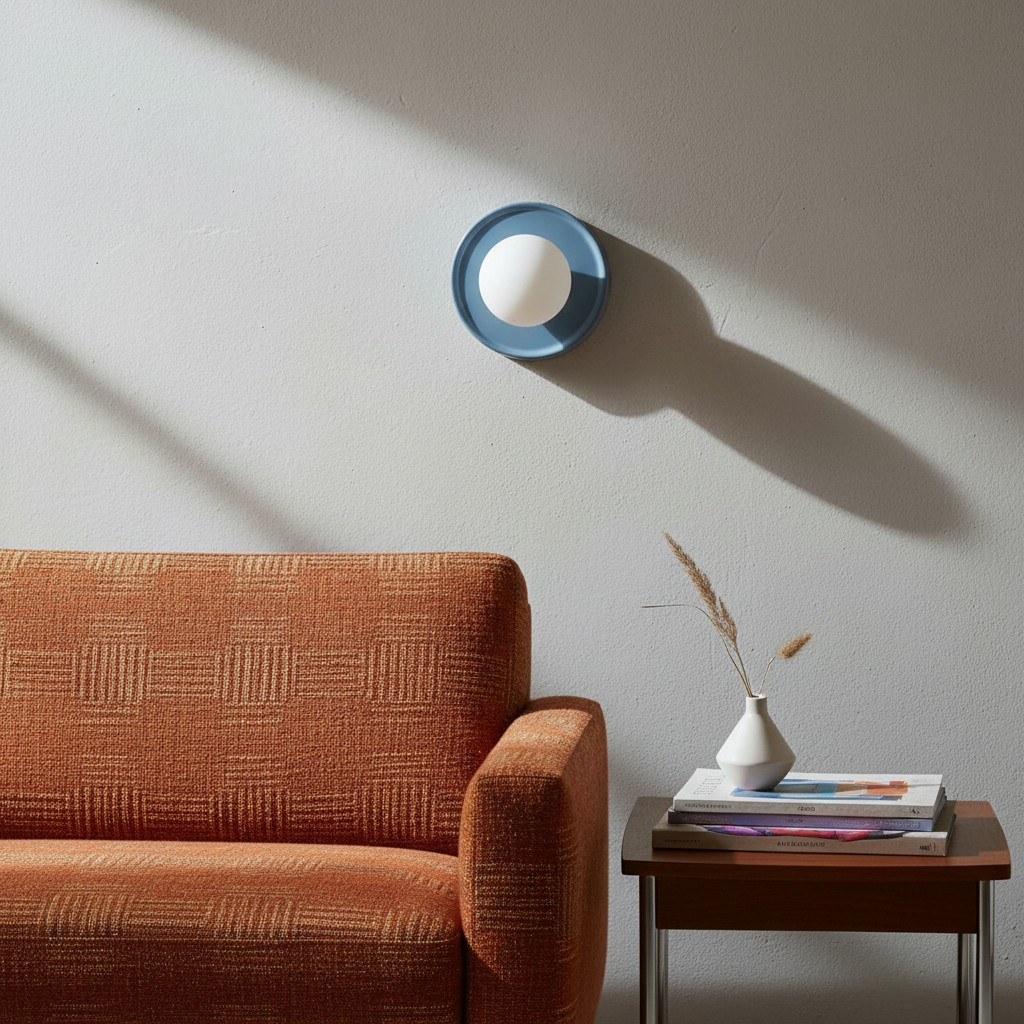 Blauwe Solna wandlamp boven een oranje bank