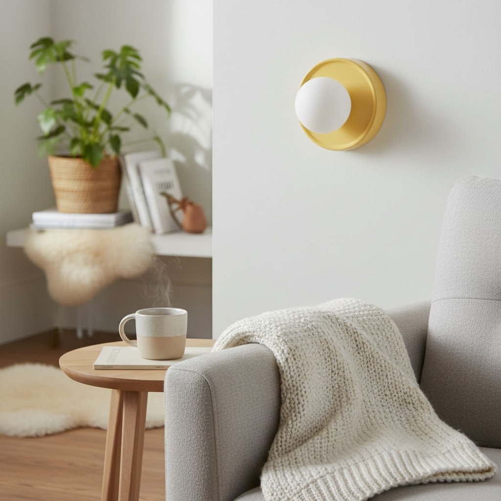 Gele Solna wandlamp in een zachte zithoek