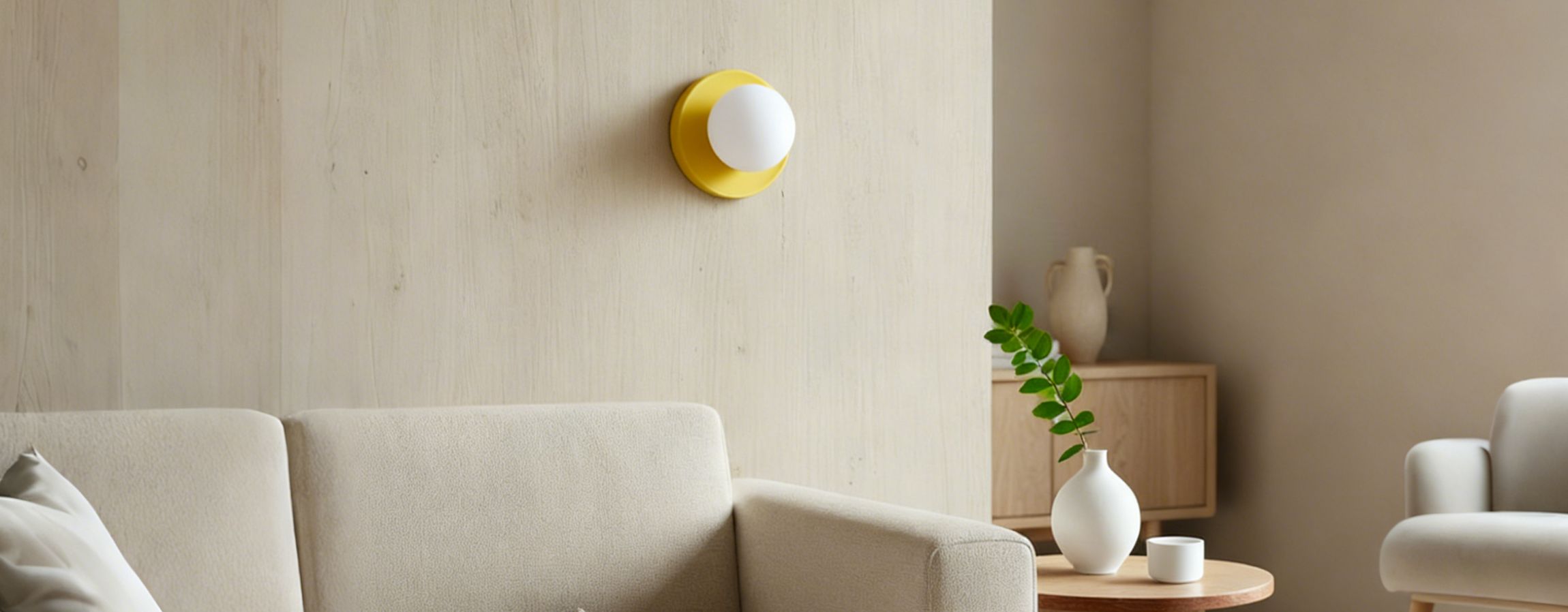 Solna wandlamp met gele keramische basis in een rustige woonkamer