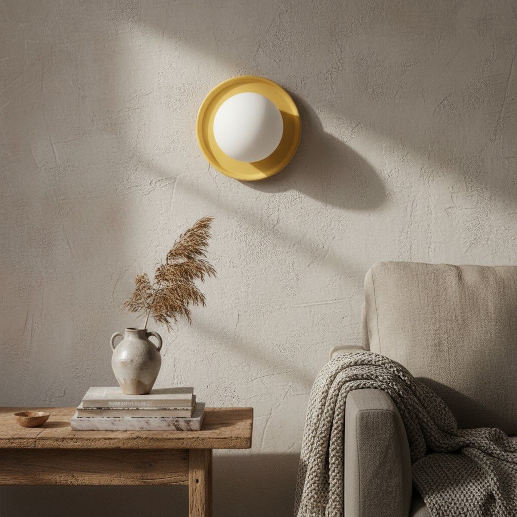 Klantensfeerfoto met gele Solna wandlamp op een neutrale wand