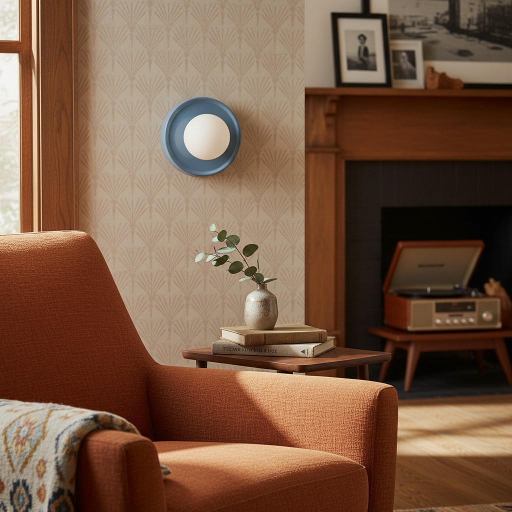 Klantensfeerfoto met blauwe Solna wandlamp bij een haard