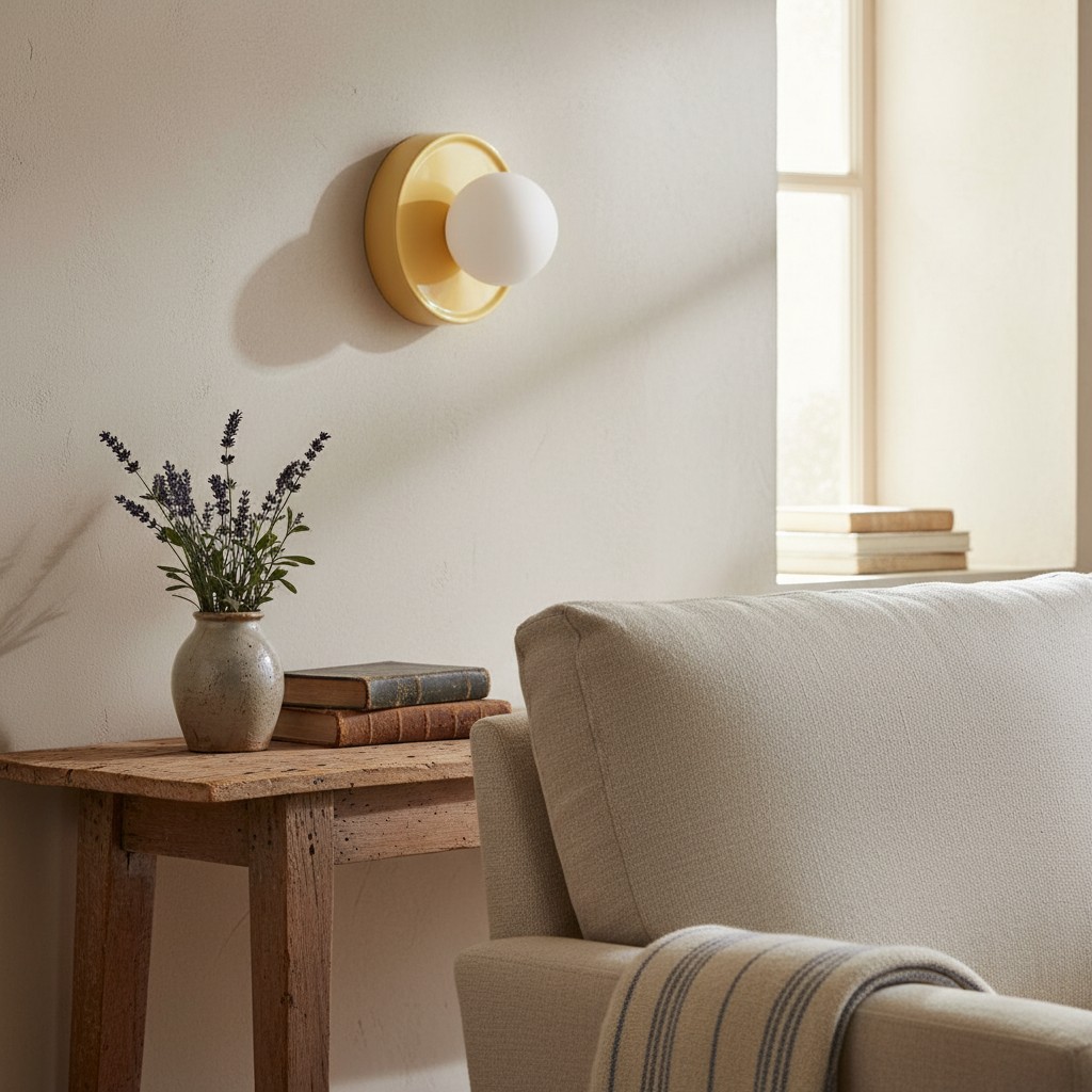 Gele Solna wandlamp naast een bank en houten tafel