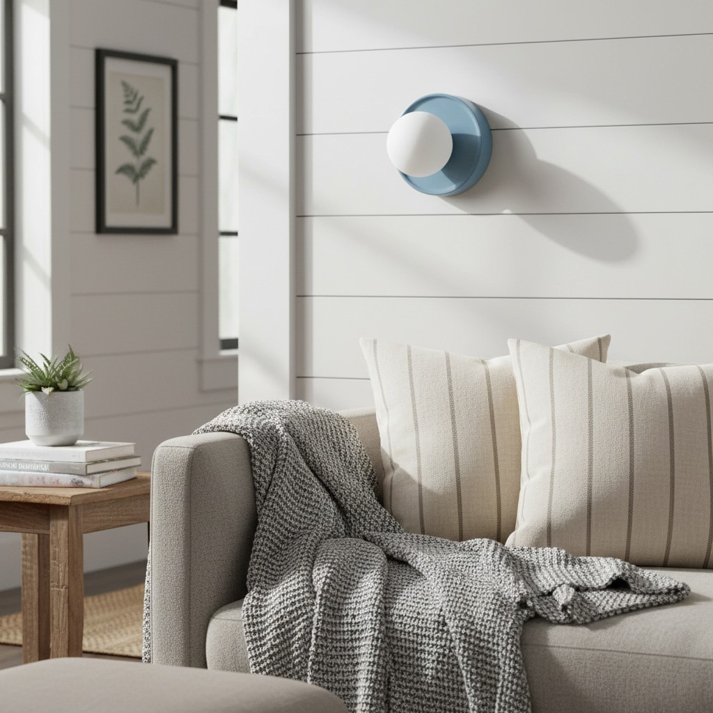 Klantensfeerfoto met blauwe Solna wandlamp boven een bank