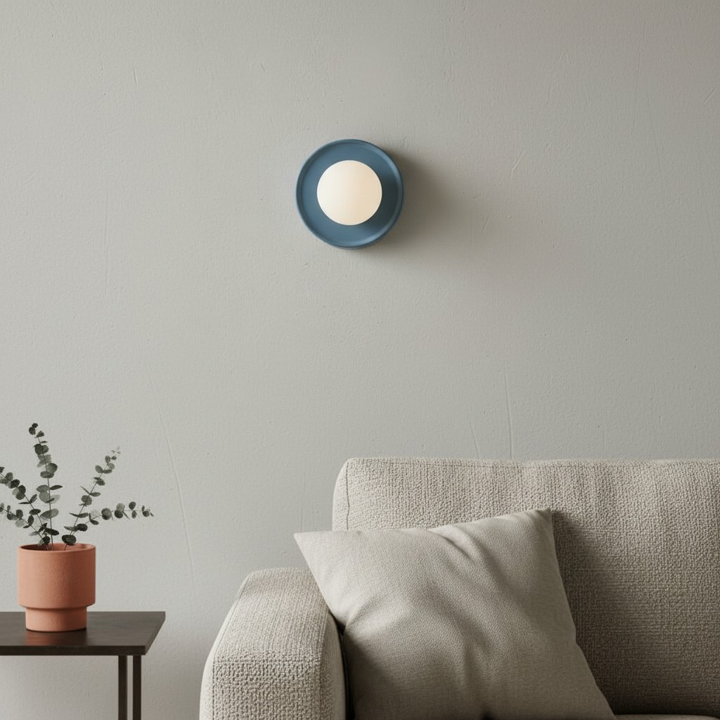 Blauwe Solna wandlamp boven een lichte bank
