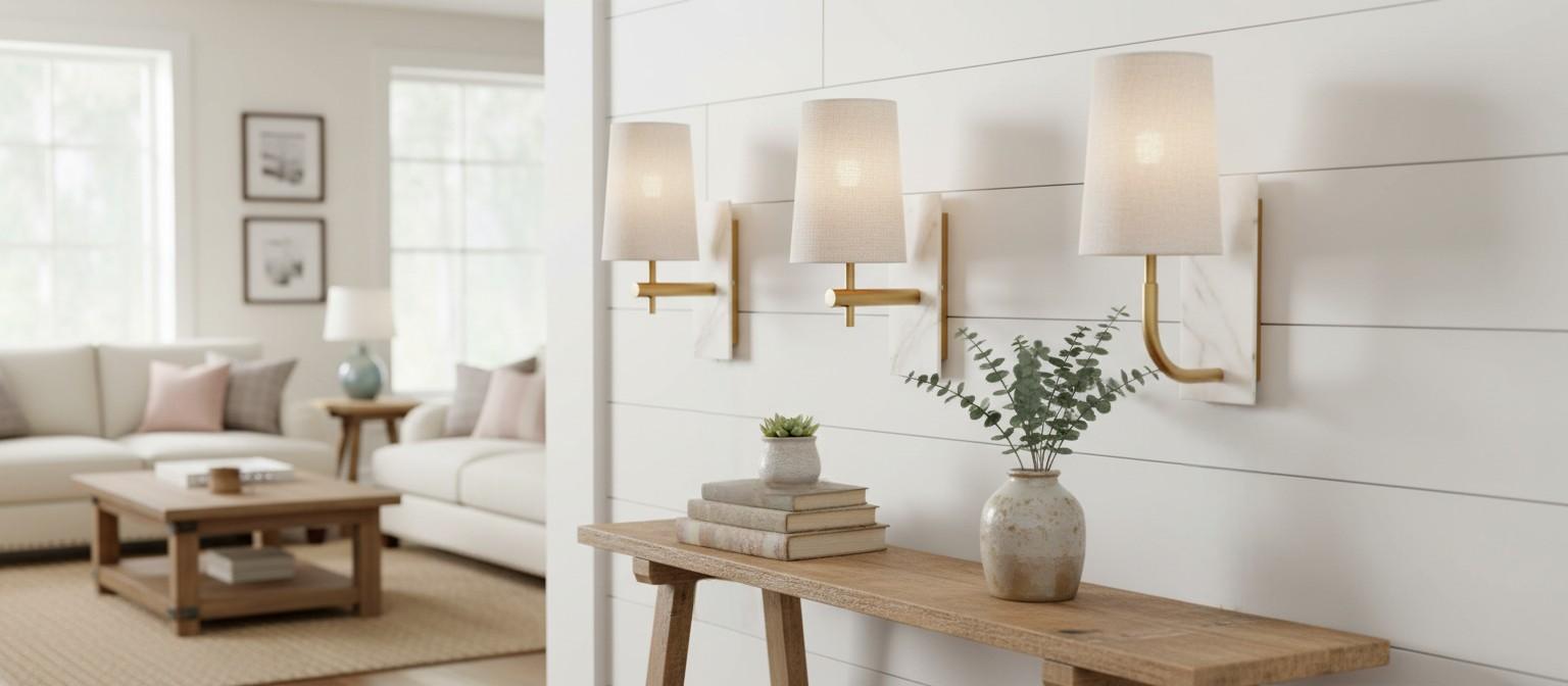 Linemora-serie met wandlampen en tafellamp in een licht interieur