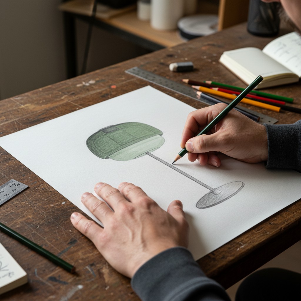 Ontwerpschets van de Clinco tafellamp