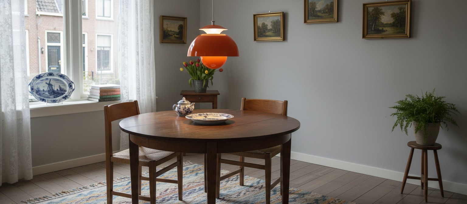 Orin artistieke hanglamp boven een ronde eettafel