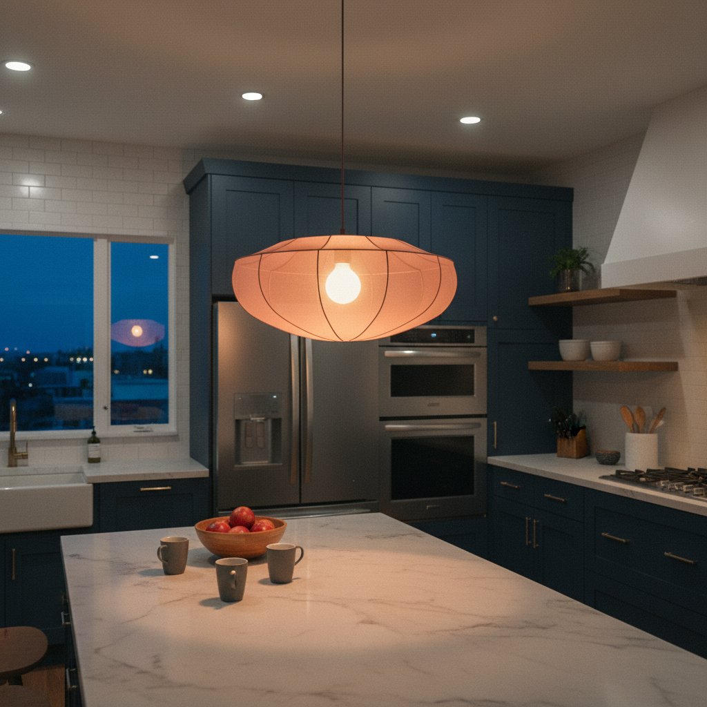 Lumifil hanglamp boven een keukeneiland bij avond