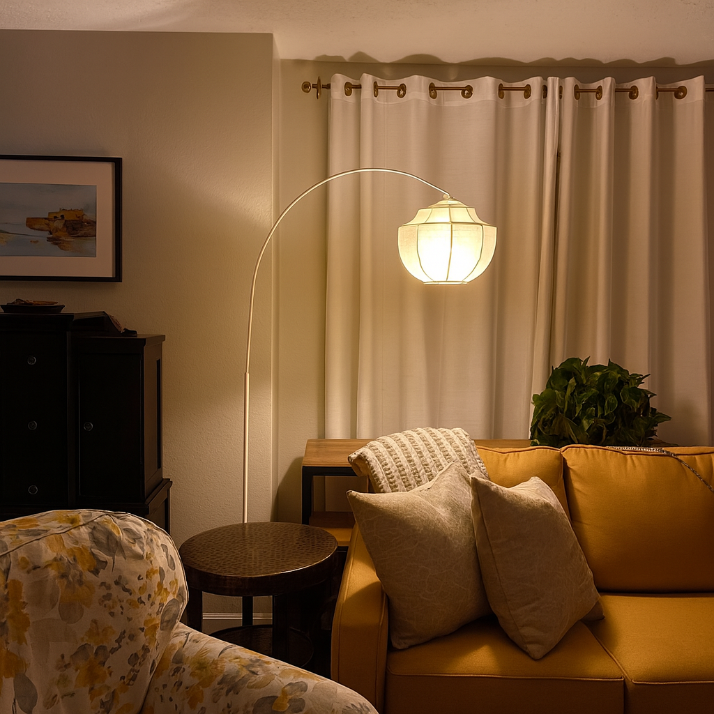 Klantfoto van de Lumifil boogvloerlamp bij warme avondverlichting