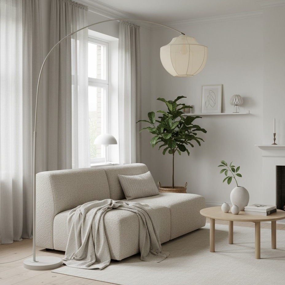 Lumifil boogvloerlamp in een neutrale woonkamer
