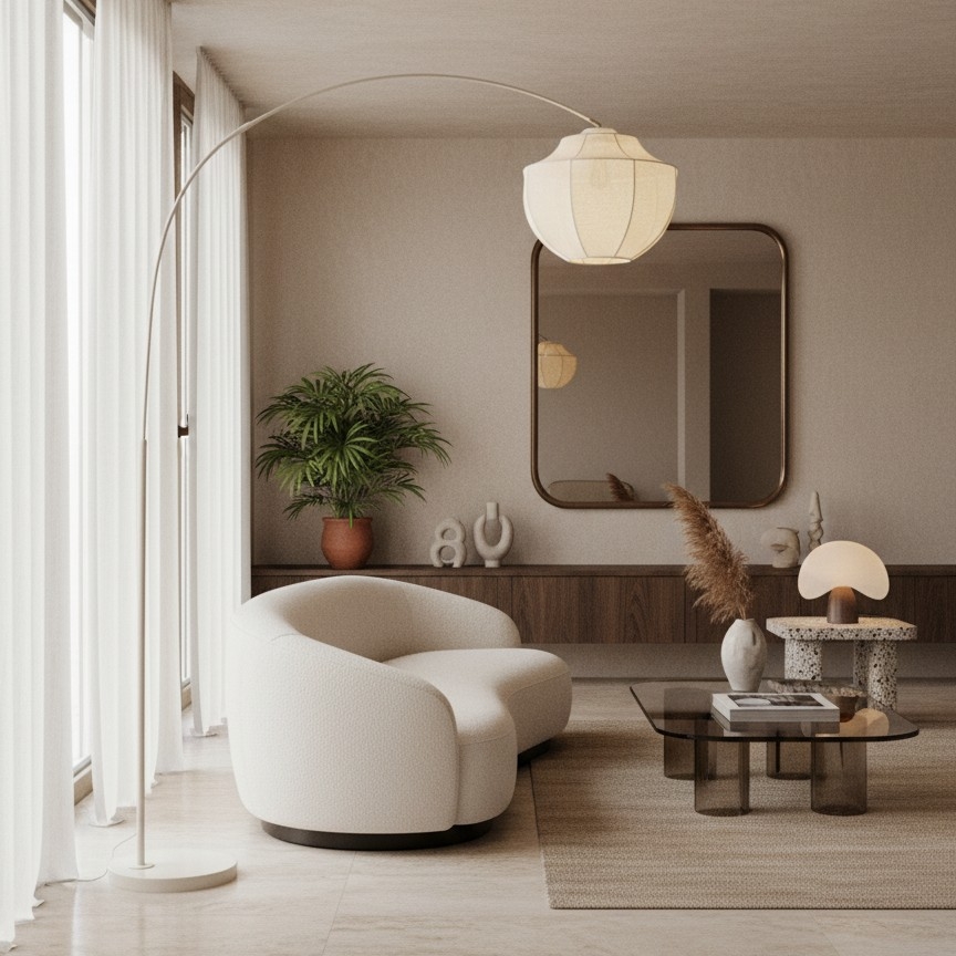 Lumifil boogvloerlamp bij een loungestoel