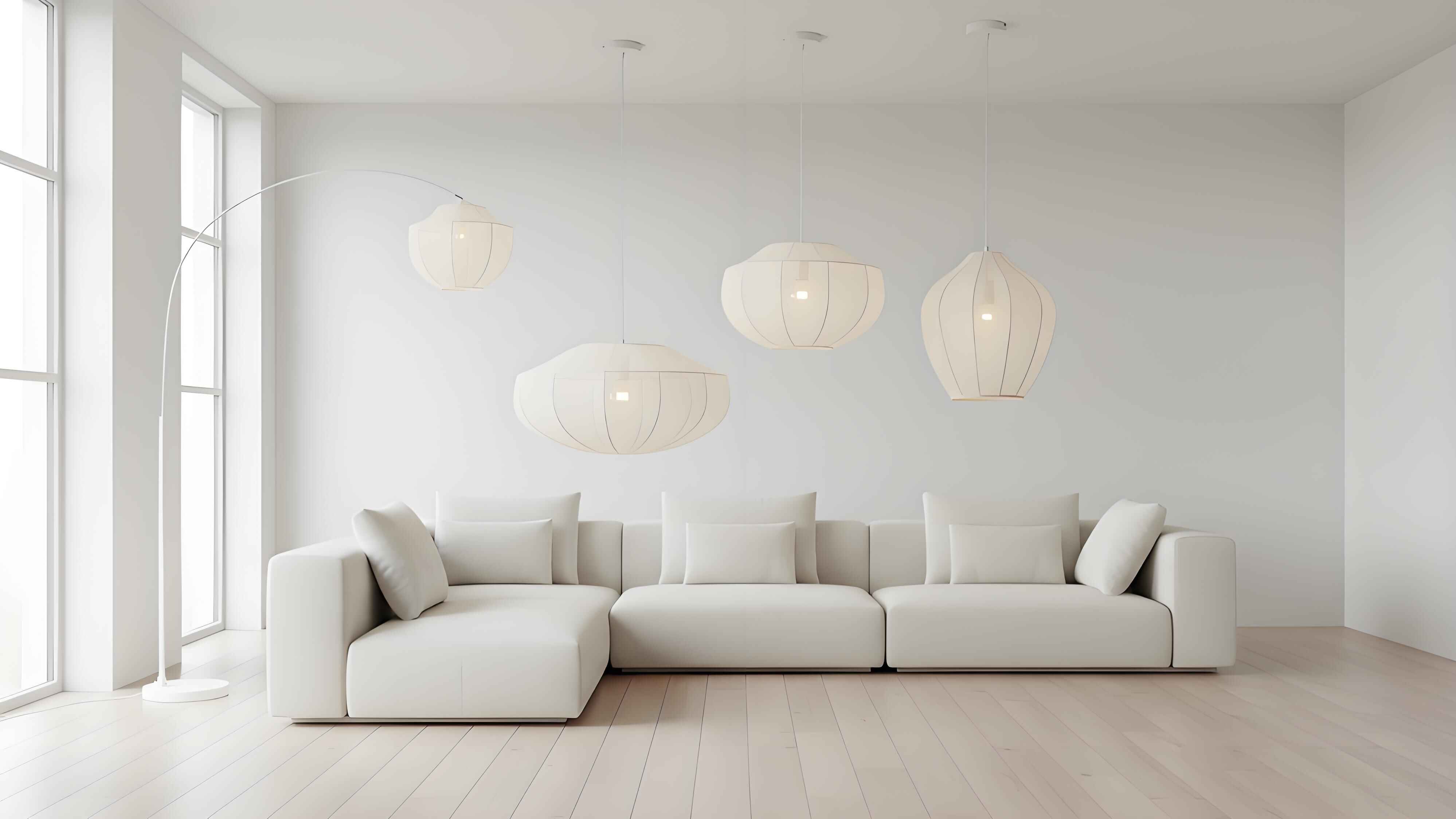 Lumifil-serie hanglampen boven een lichte zithoek