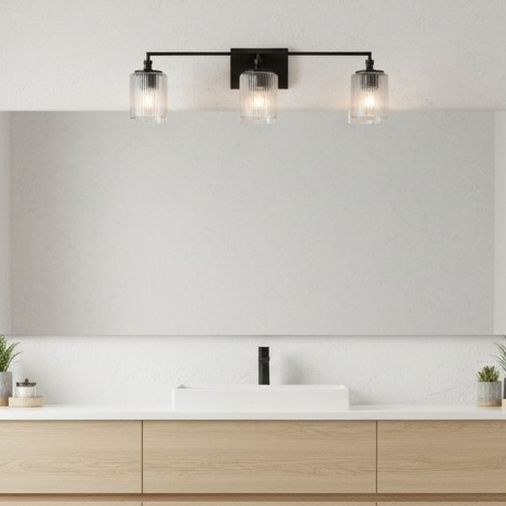 Zwarte Lirra wandlamp boven een badkamermeubel