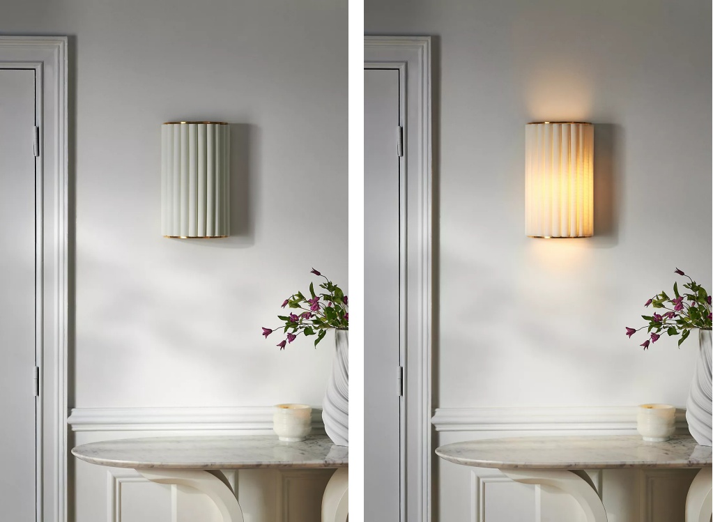 Vergelijking van de Duova wandlamp uitgeschakeld en ingeschakeld