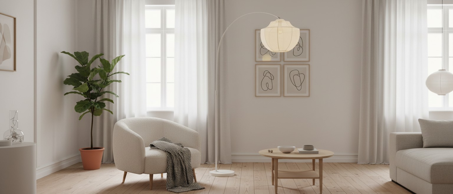 Lumifil boogvloerlamp in een serene woonkamer