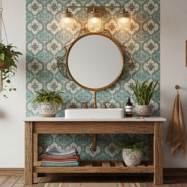 Lirra wandlamp in een badkamer met ronde spiegel