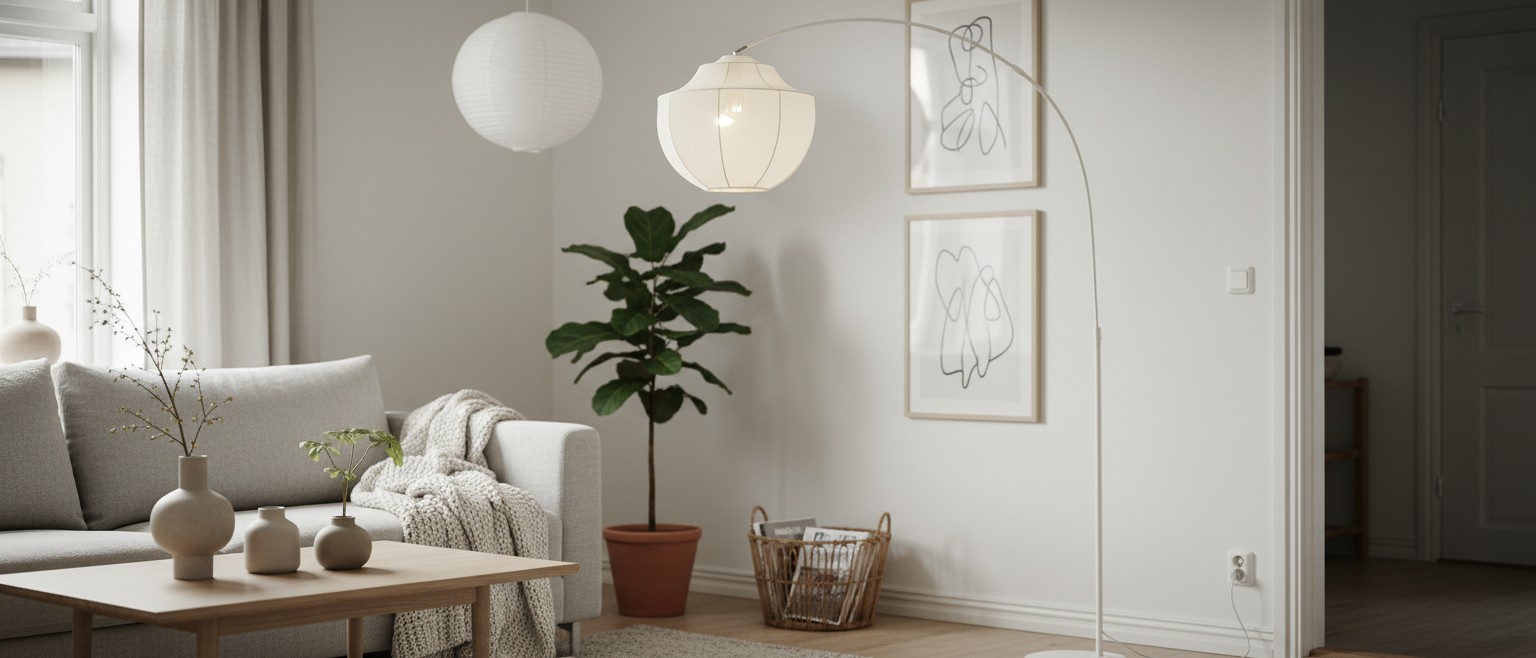 Lumifil boogvloerlamp in een lichte woonkamer