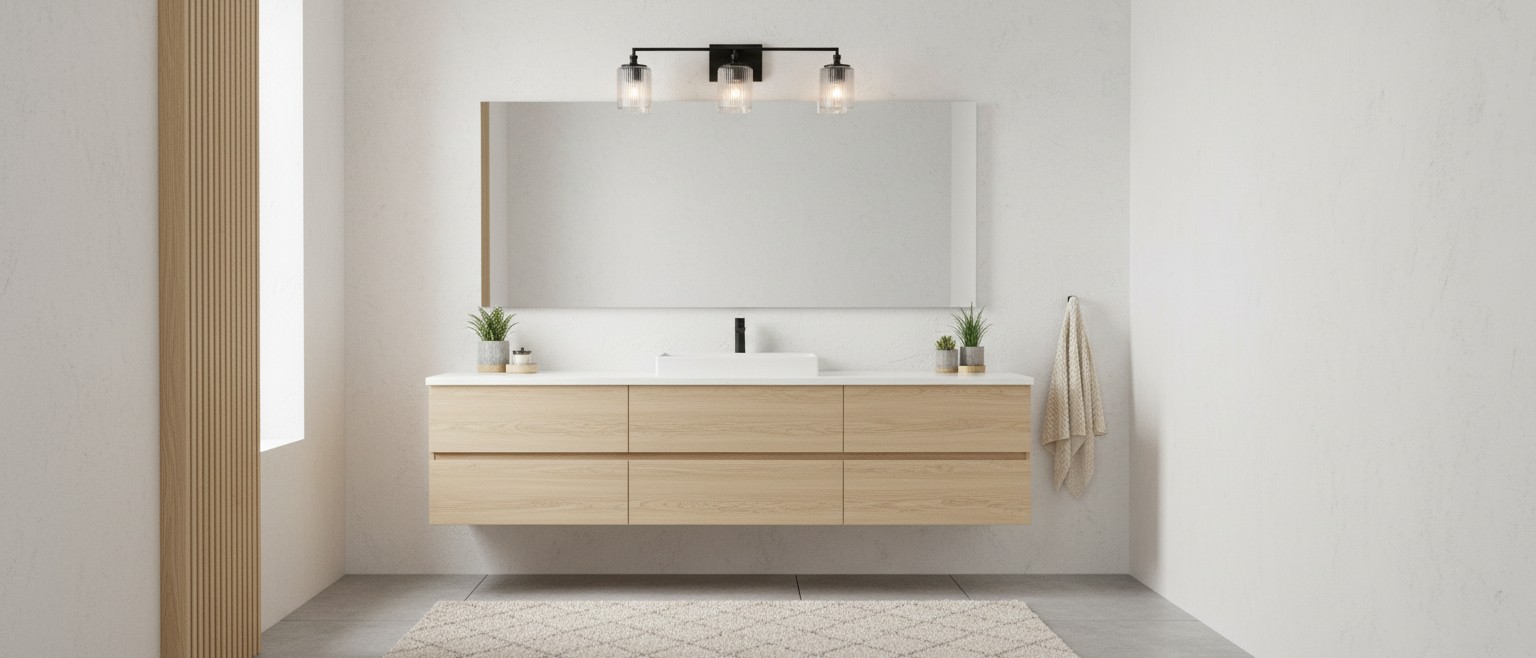 Lirra wandlamp uit de serie boven een brede badkamerspiegel