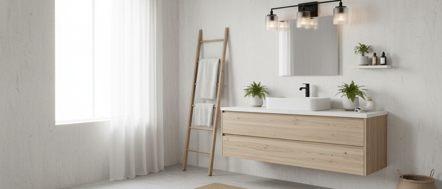 Lirra 3-lichts wandlamp boven een moderne badkamermeubel
