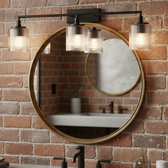 Lirra wandlamp bij een ronde spiegel en bakstenen wand