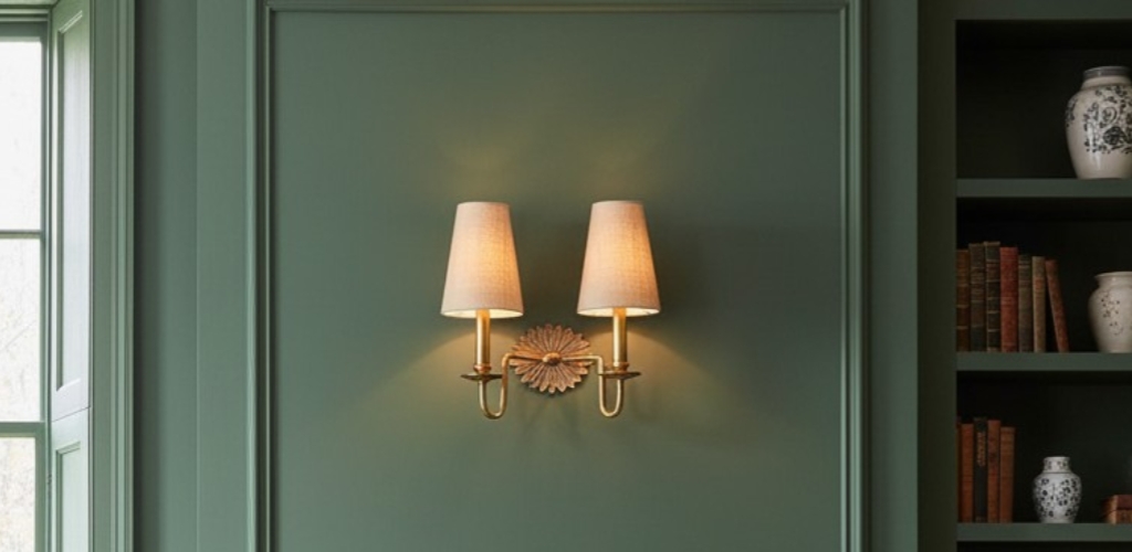 Duova dubbele wandlamp in warm antiek messing aan een groene wand