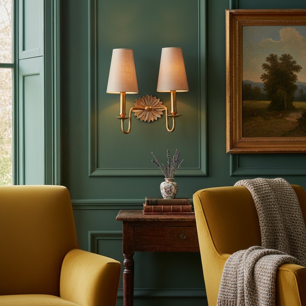 Duova dubbele wandlamp in een zitkamer met gele stoelen